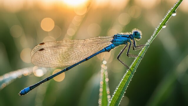 Blue damselfly on a blade of grass with morning dew - Powered by Adobe