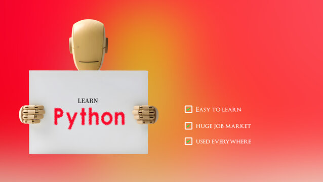 Robot holding sign promoting learning Python programming for modern software development