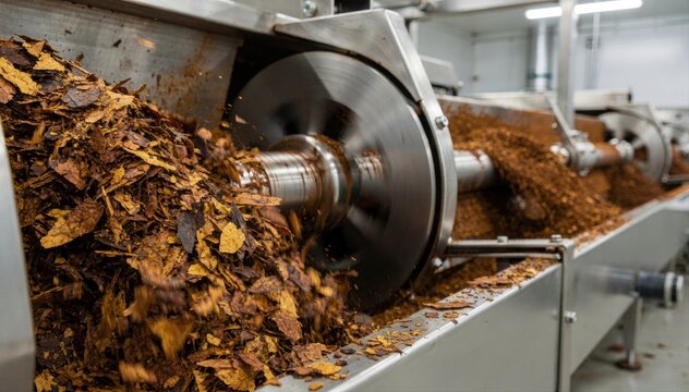 Medium shot of moist snuff grinding machine processing coarse cut tobacco showing large leaf pieces breaking down into a uniform moisturecontrolled blend.
