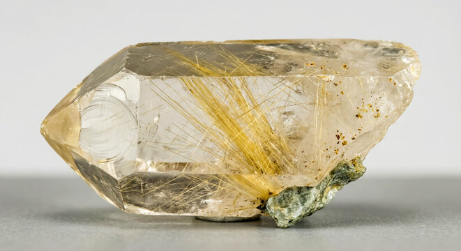 Transparent smoky quartz crystal containing needle-like golden rutile inclusions