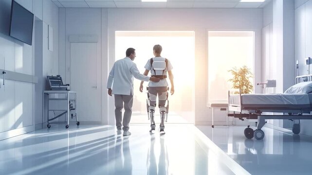 Patient Walks with Exoskeleton, Assisted by Doctor in Hospital