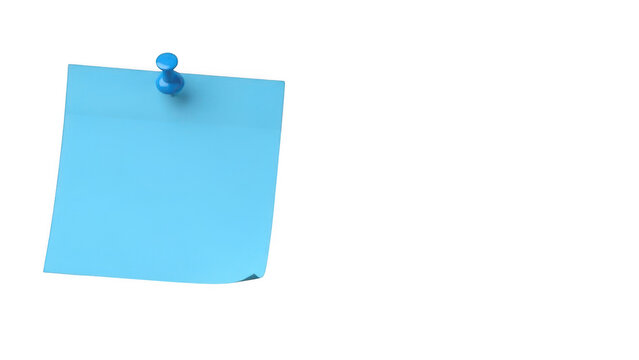 Blue post-it note with pushpin, isolated on transparent background