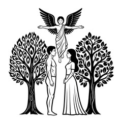 Arcane Union: Adam and Eve, Angel, Tree of Life - Esoteric Symbolism, Black and White Mystical Illustration
