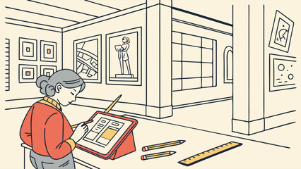 Focused Woman Artist Sketching Digital Illustration on Tablet in Art Gallery for Creative Design Projects