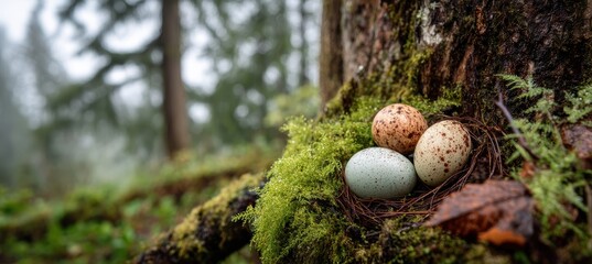 eggs at tree base with moss and forest texture backdrop