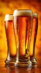 Golden beer in tulip glasses with coaster stack and soft blur
