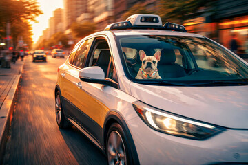 French bulldog riding in self-driving car through city