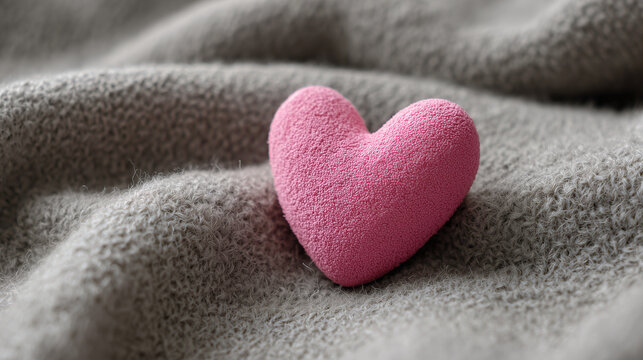 R&oacute;żowe bawełniane serce na szarym kocu &ndash; motyw walentynkowy