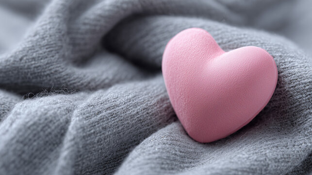 R&oacute;żowe bawełniane serce na szarym kocu &ndash; motyw walentynkowy