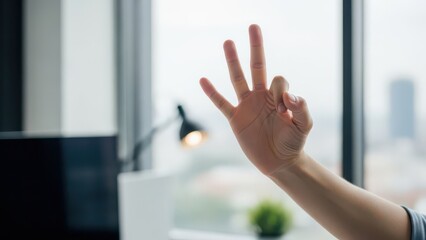 Person making three fingers hand gesture in a bright office space