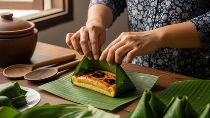 Woman preparing traditional food in kitchen.