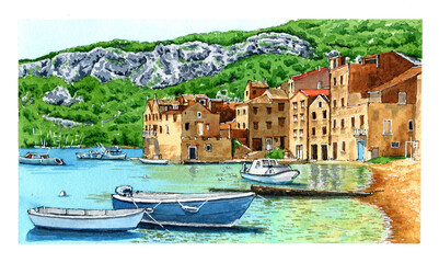 Ink and Watercolor sketch of a seaside, Komiza, Croatia