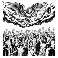 Angel Trumpet Call, Resurrection Scene, Esoteric Symbolism, Arcana Illustration, Tattoo Design, Spiritual Awakening, Judgement Day Art, Vector Graphic