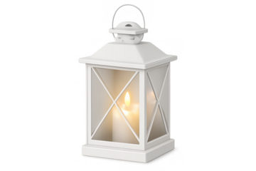 White lantern enclosing a lit candle, producing a soft glow and bringing warmth, perfect for winter and holiday themes