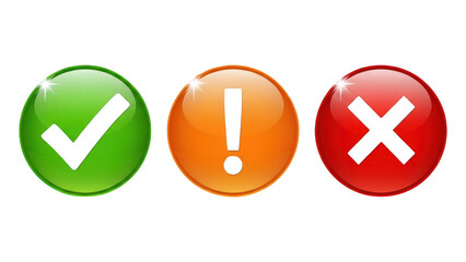 Three shiny 3d icons representing validation danger and error on a transparent background