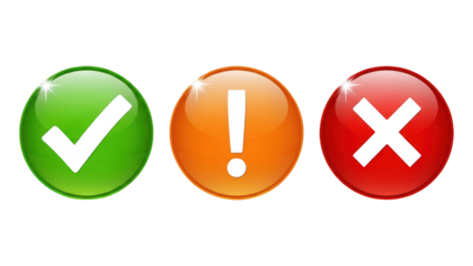 Three shiny 3d icons representing validation danger and error on a transparent background