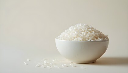 A delicate, ceramic bowl filled with a generous serving of fluffy white rice, placed against a soft, cream-colored background