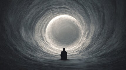 a person trapped inside a spiral tunnel made of thoughts, circular motion leading inward, representing endless anxiety loop, muted cold tones — v 7 