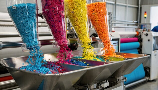 Medium shot of color masterbatch dosing station showcasing vibrant bright granules flowing into extruder hoppers for producing vivid tinted fabrics with intense hues.