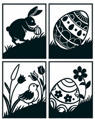 Easter Silhouette Set: Bunny, Eggs, Bird & Flowers - Spring Vector Icons, Cut Files, Template