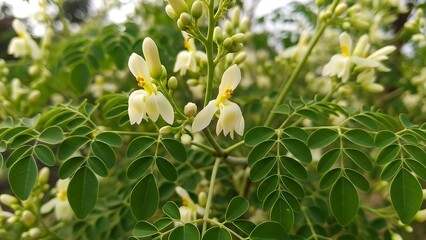 White flowers on green plant leaves.