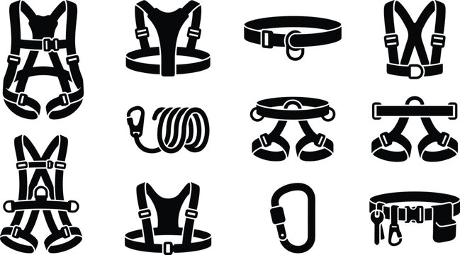 Climbing and safety harness icon set with ropes, belts, carabiners, and fall protection equipment silhouettes