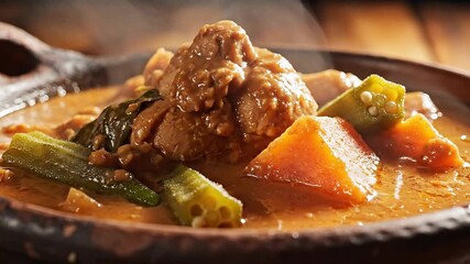 A closeup shot of a steaming rich and hearty stew featuring tender meat vibrant green okra and sweet potato chunks simmering in a flavorful reddishbrown sauce served in a rustic dark bowl evoking war.
