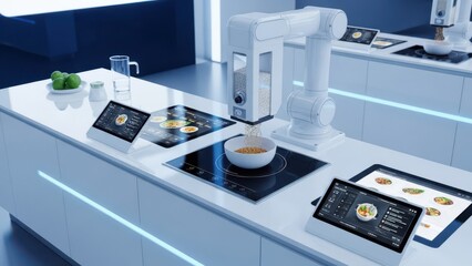 High-tech robotic arm preparing food in a modern white kitchen