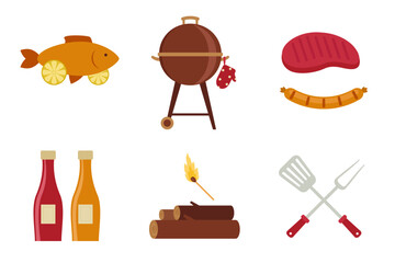 Barbecue icons set outdoor grilling food and tools flat vector illustration