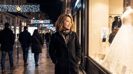 ショーウインドウのウエディングドレスを見る女性