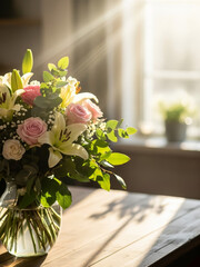 Fresh flower bouquet in glass vase on wooden table with warm morning sunlight, cozy home interior still life creating calm romantic atmosphere