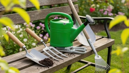 Garden Tools and Green Watering Can on Wooden Bench in Backyard