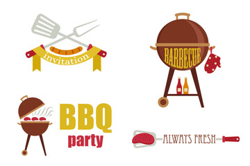 Barbecue grill icons set with bbq party elements cooking tools invitation banner and typography flat vector illustration