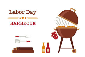 Labor Day barbecue illustration with bbq grill cooking tools sausages wooden logs and festive typography