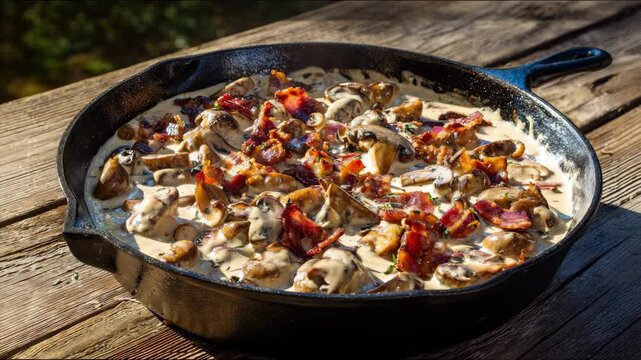 Creamy mushroom and bacon skillet on rustic wooden table