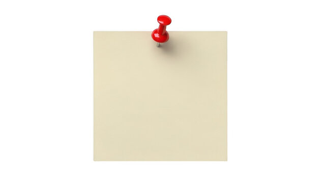 Sticky note with red pushpin isolated on transparent background