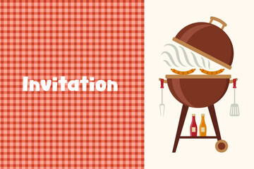 Barbecue invitation illustration with bbq grill sausages cooking tools and red gingham background