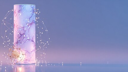 Elegant pink marble column adorned with string fairy lights against a soft blue background