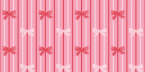 Coquette Seamless Pattern Hand Drawn Red and White Bows on Vertical Stripes Background. Holiday festive print for wrapping paper. Christmas and Valentines day. Vector illustration art © accogliente