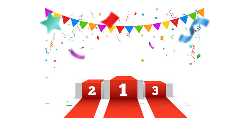 Winners podium with colorful party bunting and confetti isolated on black PNG background.