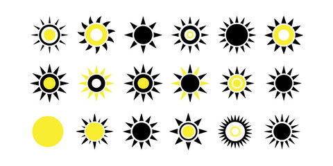 Collection of various sun symbols in black and yellow