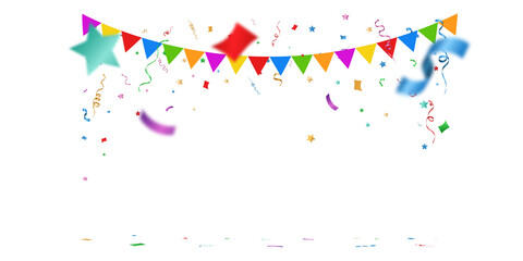 Colorful party bunting with confetti, stars and streamers isolated on black PNG background.