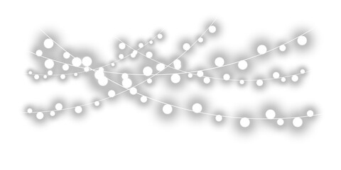 Festive glowing garland with white, red and blue light bulbs isolated on transparent PNG background.