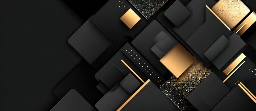 Luxury black and gold abstract geometric background with 3d shapes and metallic accents