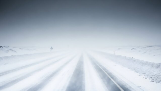 An empty highway disappearing into a whiteout blizzard during heavy snowfall. Concept of dangerous winter road conditions and poor visibility for travelers.