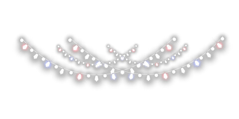 Festive glowing garland with white, red and blue light bulbs isolated on transparent PNG background.
