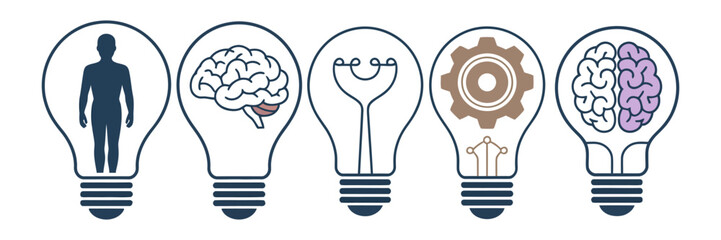 Innovation icon set featuring light bulb with cog and brain inside, inspiration symbols designed as vector illustration for creativity concepts, technology ideas, startup projects, and modern business © Melissa J. Abrams