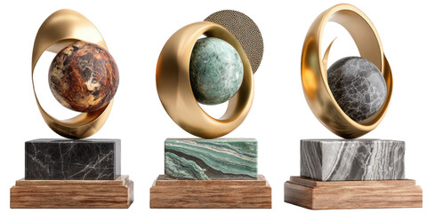 Modern Abstract Sculptures with Marble Bases and Metal Accents