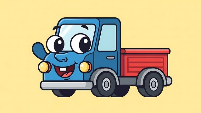 Smiling cartoon truck with red bed.