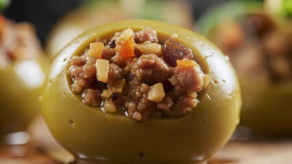Delicious Stuffed Olives A CloseUp Look at Gourmet Appetizers Filled with Savory Meat and Vegetable Mix Perfect for Culinary Enthusiasts and Food Bloggers.